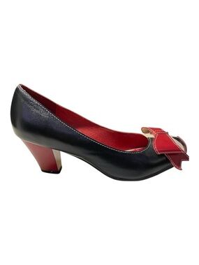 Lola Ramona Leather Shoes Pumps Size 9.5/40 Black Cream Red Bows Vintage Retro